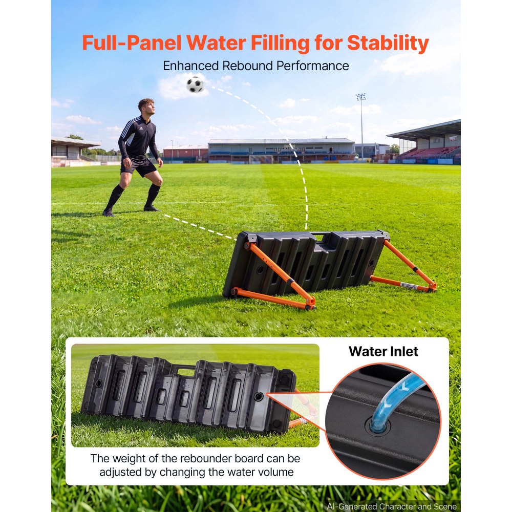 VEVOR Soccer Rebounder Board, 37.4 x 9.8 in Dual-Sided Soccer Rebound Wall, 4 Adjustable Angles, Portable Water-Fillable PE Kickback Trainer, Ground Stakes for Kids Adults, Passing & Shooting Practice
