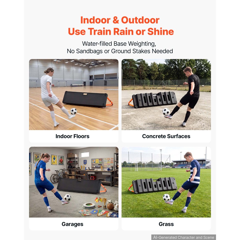 VEVOR Soccer Rebounder Board, 37.4 x 9.8 in Dual-Sided Soccer Rebound Wall, 4 Adjustable Angles, Portable Water-Fillable PE Kickback Trainer, Ground Stakes for Kids Adults, Passing & Shooting Practice