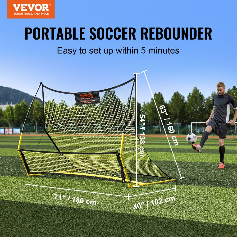 VEVOR Soccer Trainer, 2-IN-1 Portable Soccer Rebounder Net, 71"x40" Iron Soccer Practice Equipment, Sports Football Rebounder Wall with Portable Bag, Perfect for Team Solo Training, Passing, Volley