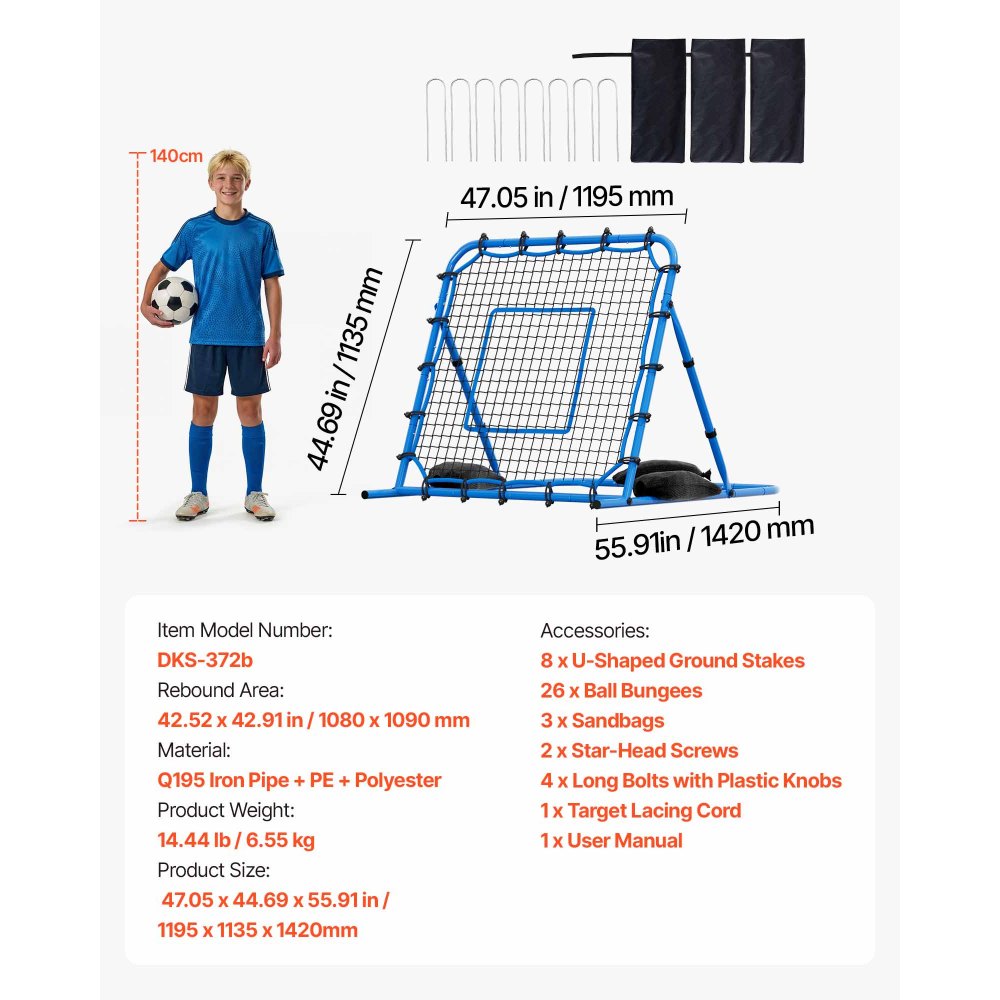 VEVOR Soccer Rebounder Net, Quick-Switch Angle Soccer Goal Rebounder for Control, Passing Practice, Heavy-Duty Iron Frame & PE Net, Easy Setup Ball Training Equipment for Teens&Adults,3.7 x 3.7 ft