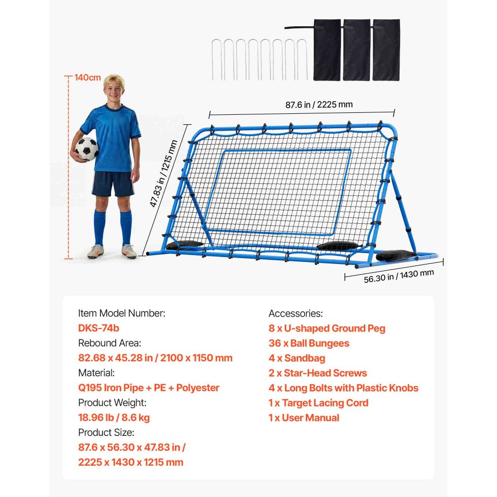 VEVOR Soccer Rebounder Net, Quick-Switch Angle Soccer Goal Rebounder for Control, Passing Practice, Heavy-Duty Iron Frame & PE Net, Easy Setup Ball Training Aids & Equipment for Teens&Adults,7 x 4 ft