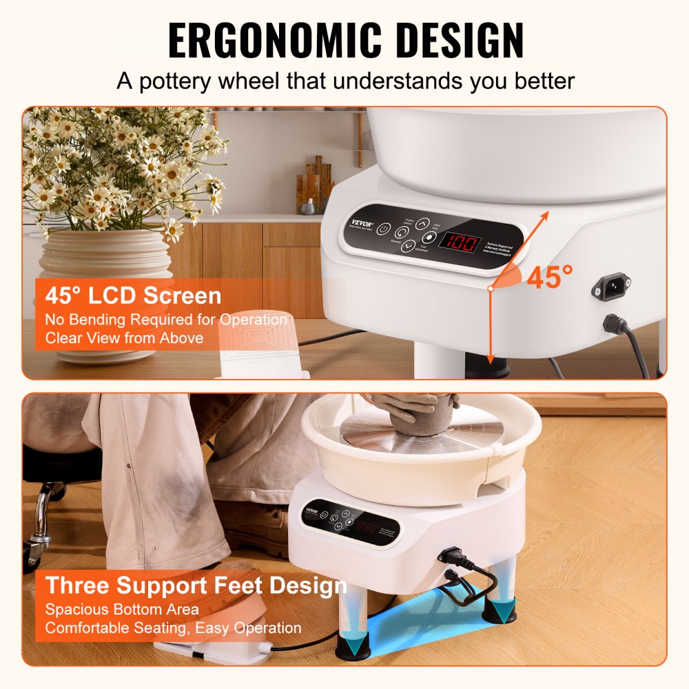 VEVOR Pottery Wheel, 10 inch Pottery Forming Machine, Direct Drive Ceramic Wheel with 3 Support Legs for DIY Art Craft, 350W Electric Wheel for Pottery with Foot Pedal and LCD Touch Screen, White