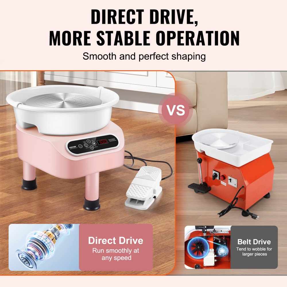 VEVOR Pottery Wheel, 11 inch Pottery Forming Machine, Direct Drive Ceramic Wheel with 3 Support Legs for DIY Art Craft, 450W Electric Wheel for Pottery with Foot Pedal and LCD Touch Screen, Pink