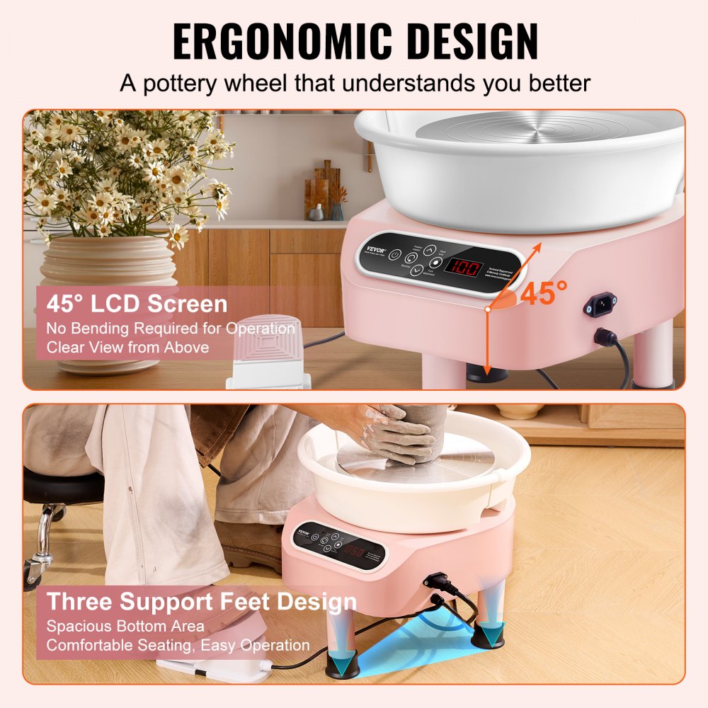 VEVOR Pottery Wheel, 11 inch Pottery Forming Machine, Direct Drive Ceramic Wheel with 3 Support Legs for DIY Art Craft, 450W Electric Wheel for Pottery with Foot Pedal and LCD Touch Screen, Pink
