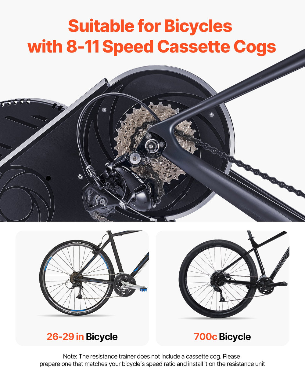 VEVOR Bike Trainer compatible with 8-11 speed cassette cogs; fits 26-29 in and 700C bikes (cassette not included)