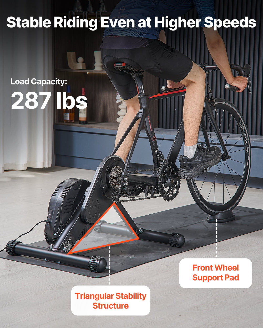 VEVOR Bike Trainer stable riding with triangular stability structure and front wheel support pad; 287 lb capacity