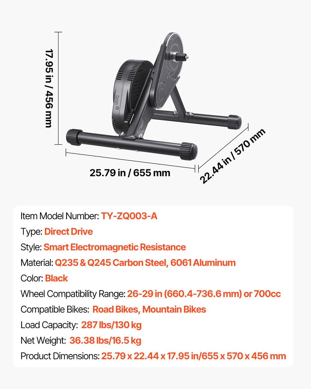 VEVOR Bike Trainer dimensions and key specs graphic (TY-ZQ003-A)