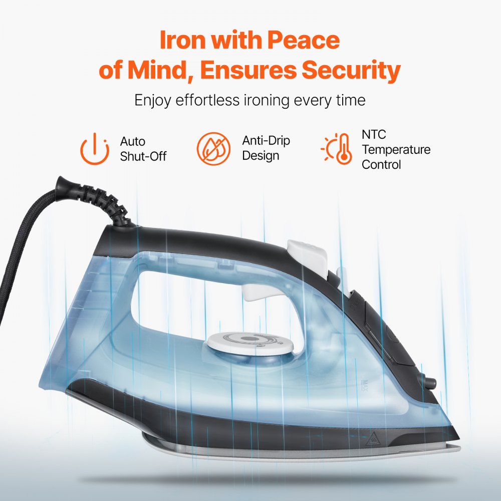 VEVOR Steam Iron, 1700W Iron for Clothes, Aluminum Alloy + PTFE Soleplate, Auto Shut-Off, Self-Cleaning, Four Temperature Settings, Quick Heating, Anti-Drip, Clothing Iron for Home Ironing Clothes