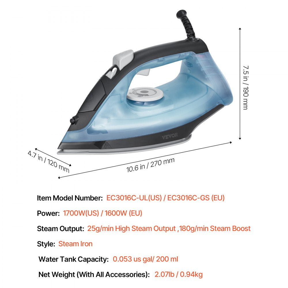 VEVOR Steam Iron, 1700W Iron for Clothes, Aluminum Alloy + PTFE Soleplate, Auto Shut-Off, Self-Cleaning, Four Temperature Settings, Quick Heating, Anti-Drip, Clothing Iron for Home Ironing Clothes