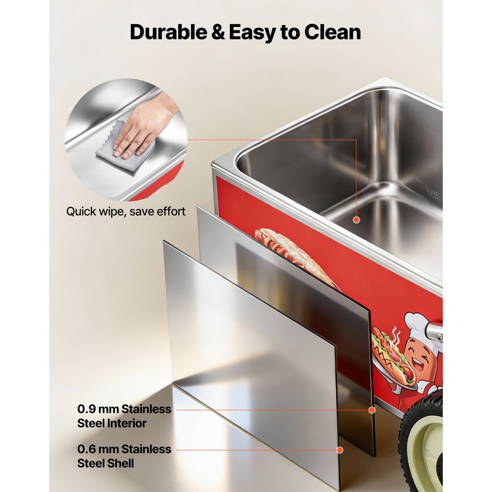VEVOR Hot Dog Steamer Cart, 1200W Electric Stainless Steel Hot Dog Steam Machine, 86-203°F Temp Adjustable, Portable Cart with Eye-Catching Umbrella & Wheels, for Bakeries, Food Stands, Parties
