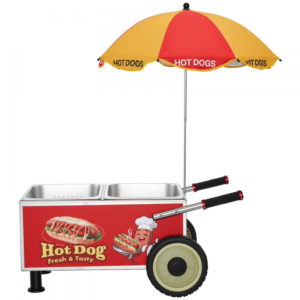 VEVOR Hot Dog Steamer Cart, 1200W Electric Stainless Steel Hot Dog Steam Machine, 86-203°F Temp Adjustable, Portable Cart with Eye-Catching Umbrella & Wheels, for Bakeries, Food Stands, Parties