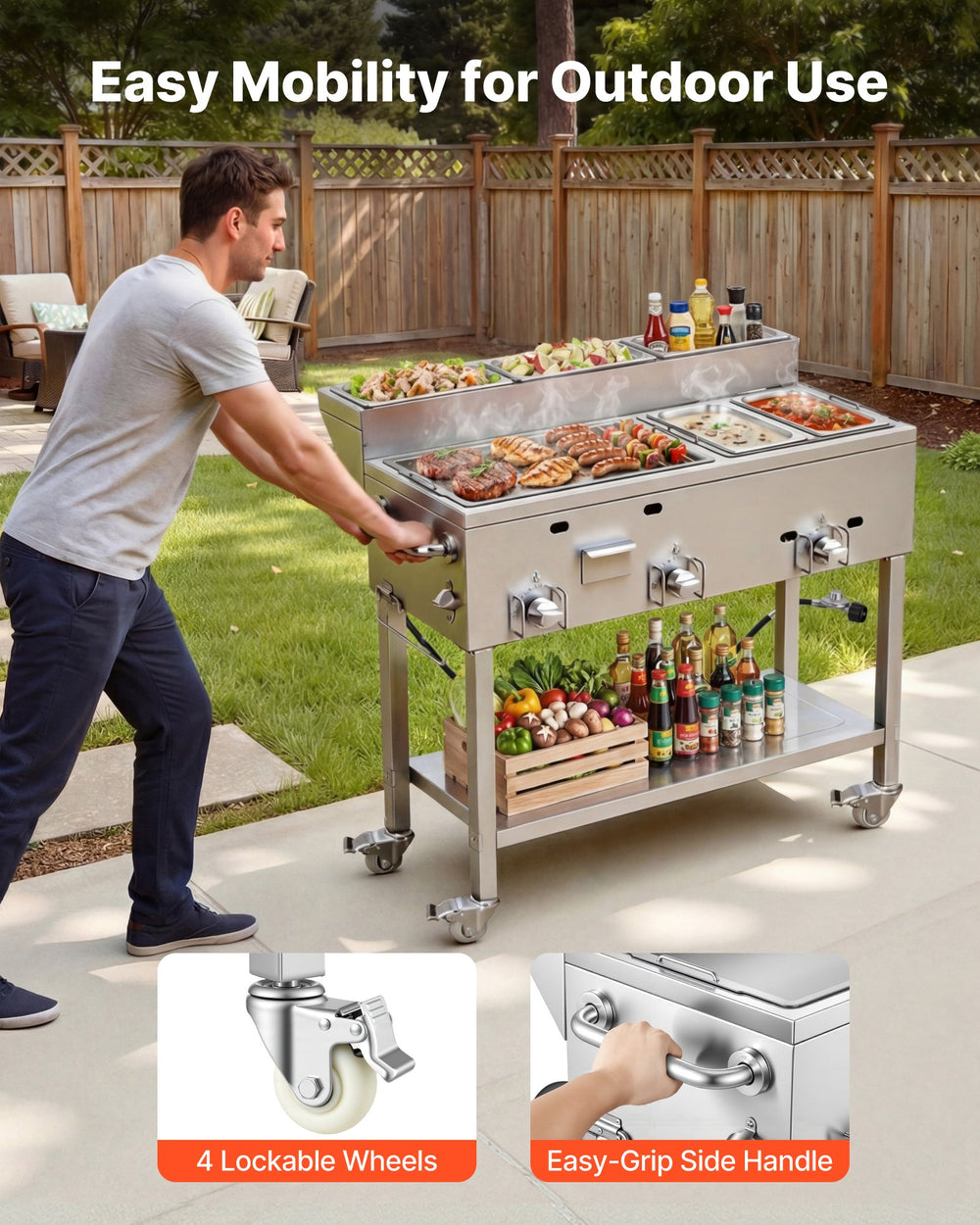 VEVOR Outdoor Propane Griddle, 3 Burners (11,600 BTU Each), Commercial Stainless Steel Griddle with Two 1/3 Size Food Warming Pans, Portable Cart with 4 Lockable Wheels, for Hot Dogs, Burgers & Meats