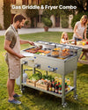VEVOR Outdoor Propane Fryer & Griddle Combo, 3 Burners (11,600 BTU Each), Commercial Stainless Steel Frying Cart with Wheels, 2 Fryer Baskets & 3 Food Pans, for Hot Dogs, Fried Chicken, Fries, Meats