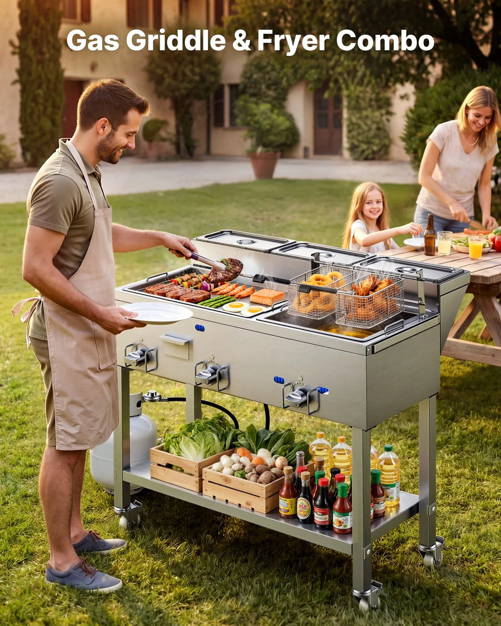 VEVOR Outdoor Propane Fryer & Griddle Combo, 3 Burners (11,600 BTU Each), Commercial Stainless Steel Frying Cart with Wheels, 2 Fryer Baskets & 3 Food Pans, for Hot Dogs, Fried Chicken, Fries, Meats