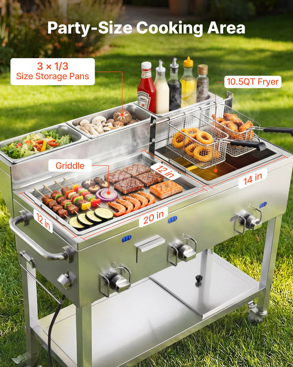 VEVOR Outdoor Propane Fryer & Griddle Combo, 3 Burners (11,600 BTU Each), Commercial Stainless Steel Frying Cart with Wheels, 2 Fryer Baskets & 3 Food Pans, for Hot Dogs, Fried Chicken, Fries, Meats