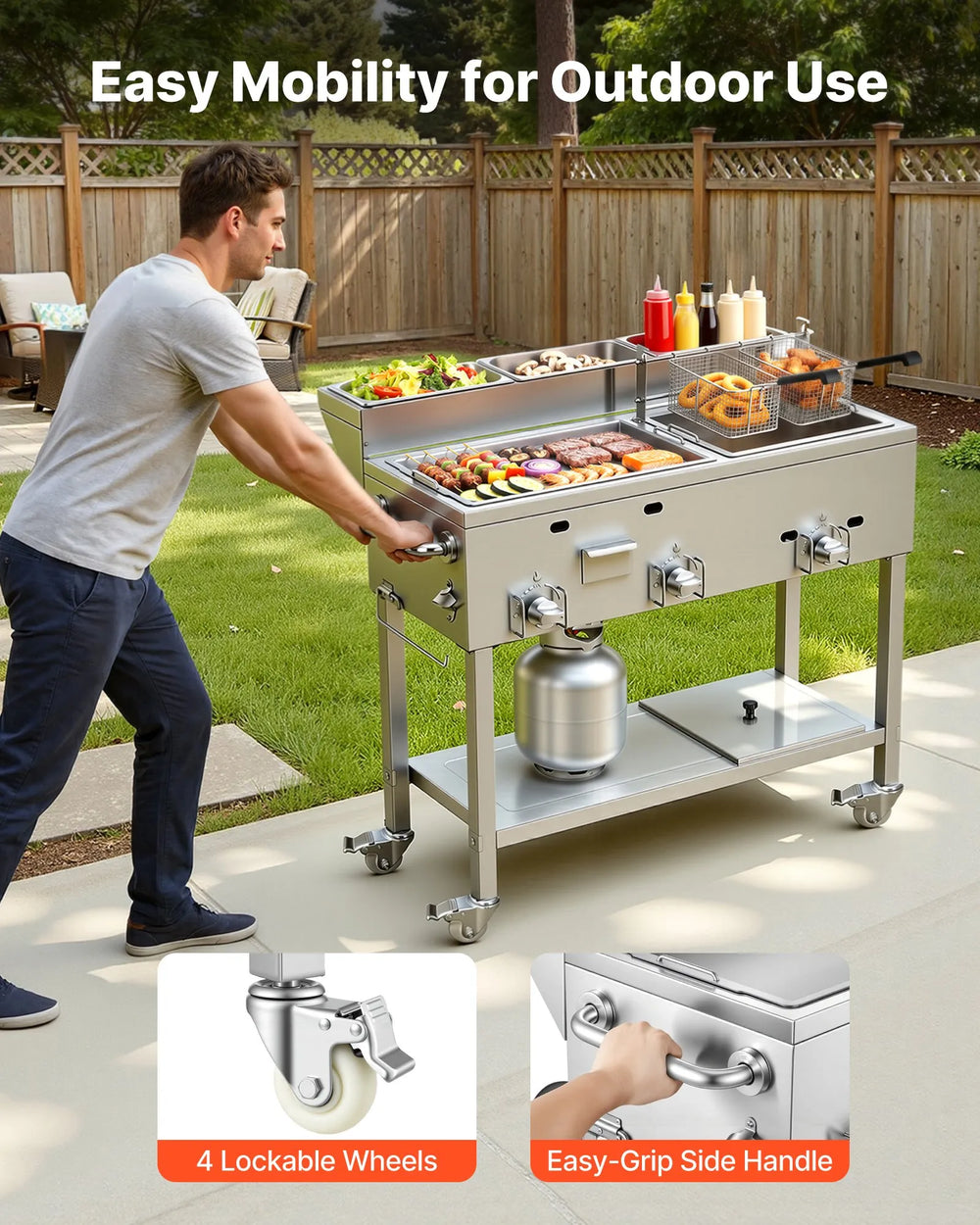 VEVOR Outdoor Propane Fryer & Griddle Combo, 3 Burners (11,600 BTU Each), Commercial Stainless Steel Frying Cart with Wheels, 2 Fryer Baskets & 3 Food Pans, for Hot Dogs, Fried Chicken, Fries, Meats