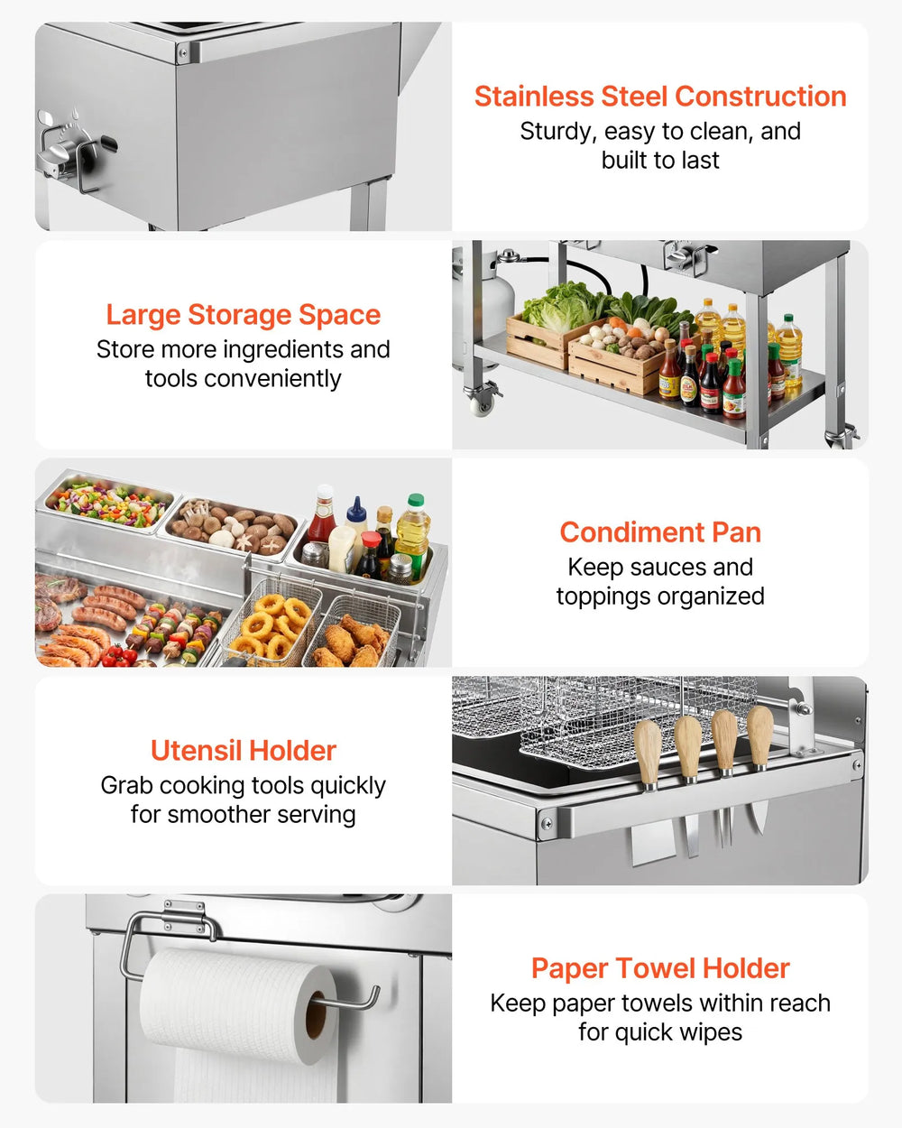 VEVOR Outdoor Propane Fryer & Griddle Combo, 3 Burners (11,600 BTU Each), Commercial Stainless Steel Frying Cart with Wheels, 2 Fryer Baskets & 3 Food Pans, for Hot Dogs, Fried Chicken, Fries, Meats