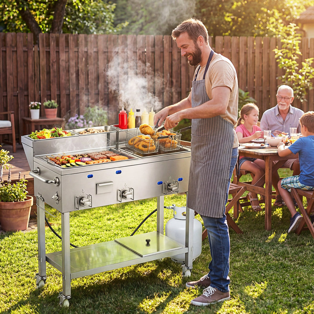 VEVOR Outdoor Propane Fryer & Griddle Combo, 3 Burners (11,600 BTU Each), Commercial Stainless Steel Frying Cart with Wheels, 2 Fryer Baskets & 3 Food Pans, for Hot Dogs, Fried Chicken, Fries, Meats