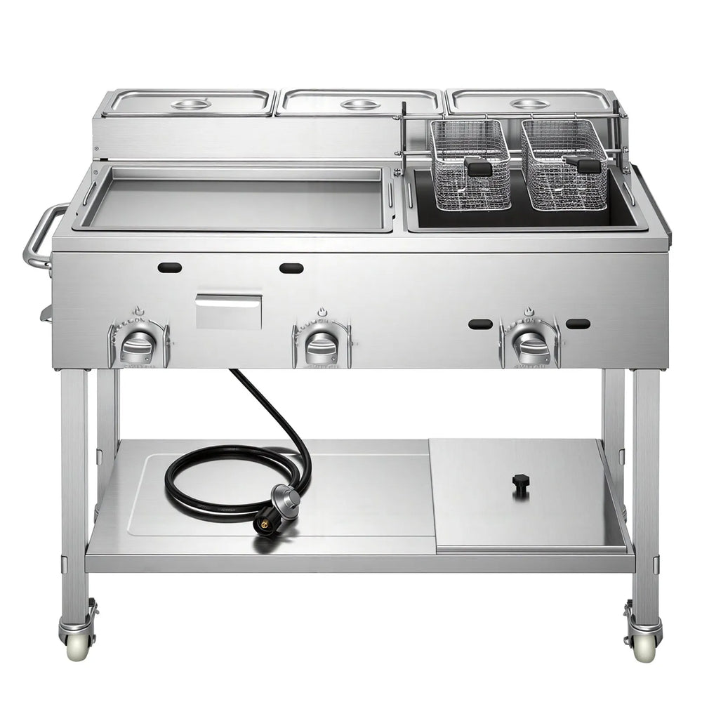 VEVOR Outdoor Propane Fryer & Griddle Combo, 3 Burners (11,600 BTU Each), Commercial Stainless Steel Frying Cart with Wheels, 2 Fryer Baskets & 3 Food Pans, for Hot Dogs, Fried Chicken, Fries, Meats