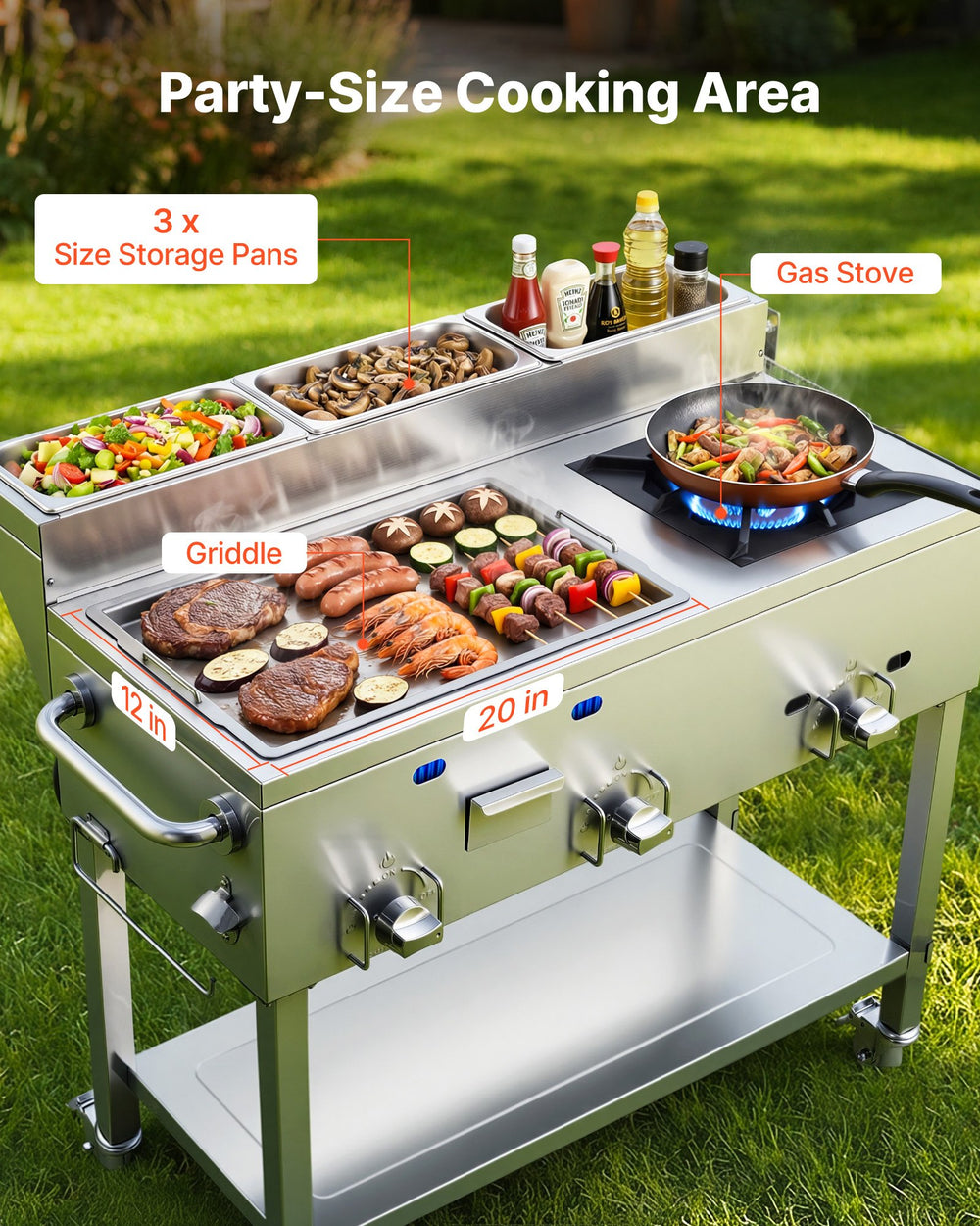 VEVOR Outdoor Propane Griddle, 3 Burners (11,600 BTU Each), Commercial Stainless Steel Griddle with Three 1/3 Size Food Pans, Portable Cart with Wheels & Gas Stove, for Hot Dogs, Burgers & Meats