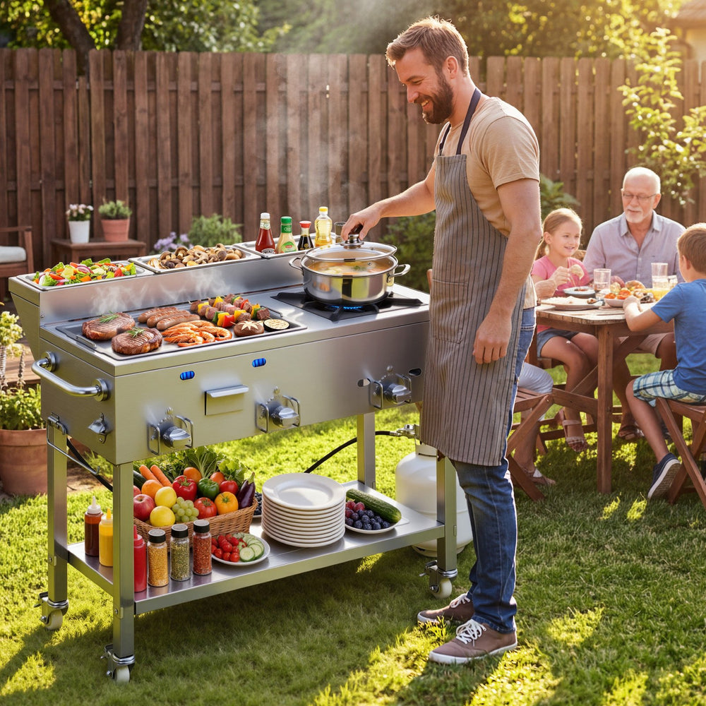 VEVOR Outdoor Propane Griddle, 3 Burners (11,600 BTU Each), Commercial Stainless Steel Griddle with Three 1/3 Size Food Pans, Portable Cart with Wheels & Gas Stove, for Hot Dogs, Burgers & Meats