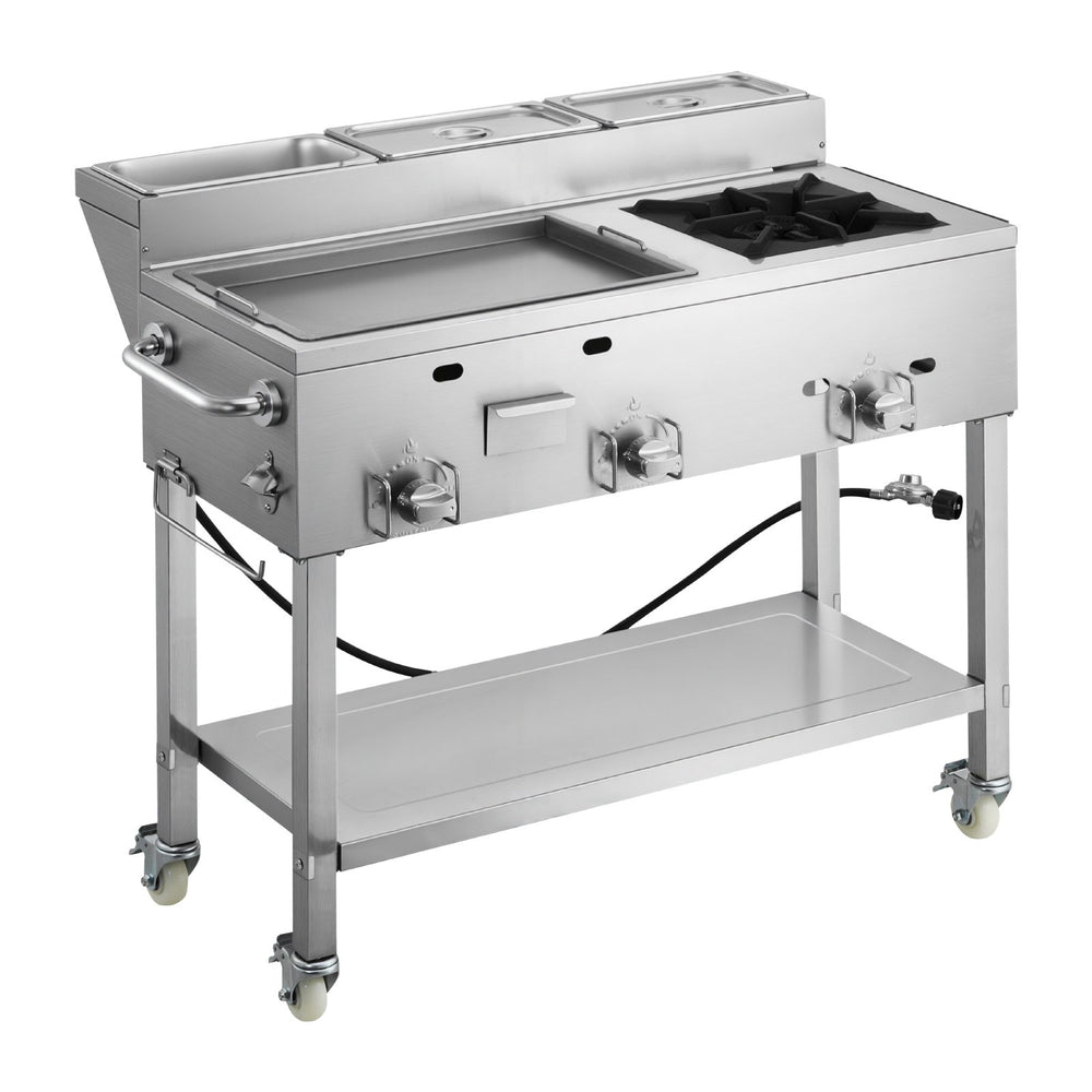 VEVOR Outdoor Propane Griddle, 3 Burners (11,600 BTU Each), Commercial Stainless Steel Griddle with Three 1/3 Size Food Pans, Portable Cart with Wheels & Gas Stove, for Hot Dogs, Burgers & Meats