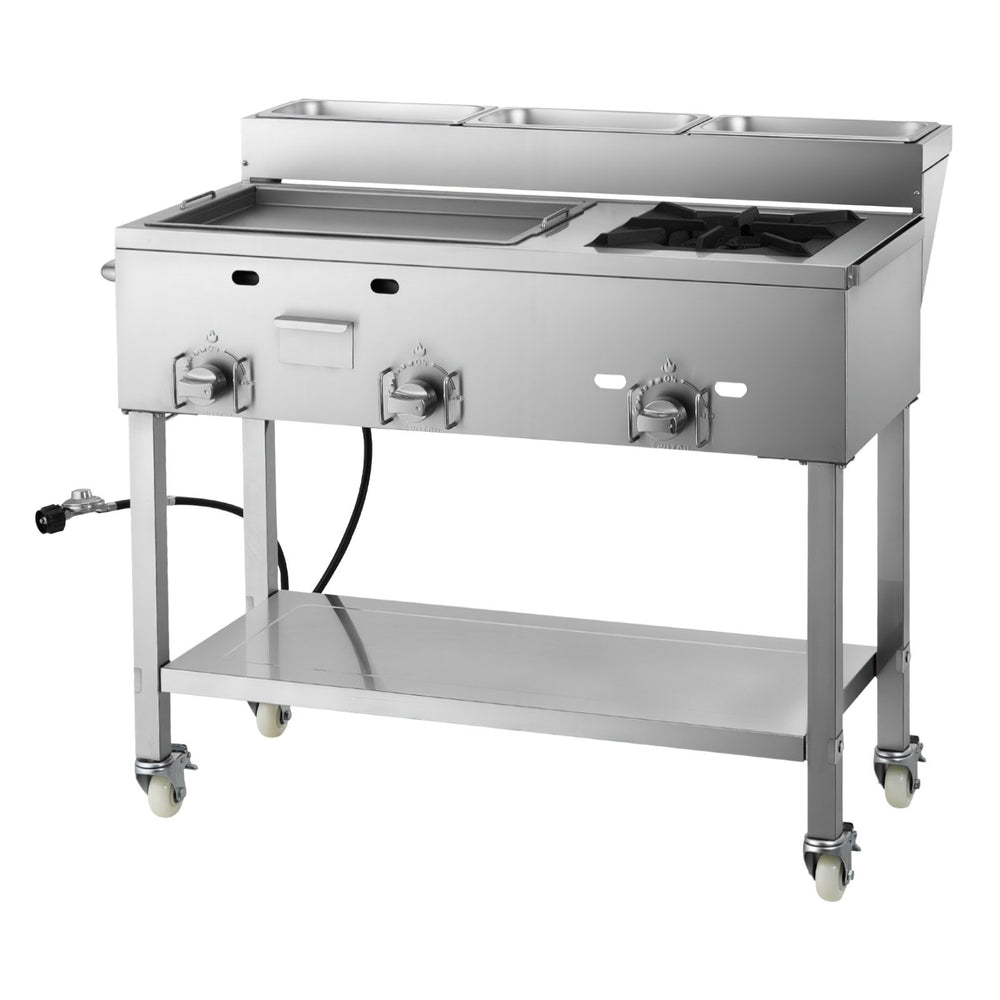 VEVOR Outdoor Propane Griddle, 3 Burners (11,600 BTU Each), Commercial Stainless Steel Griddle with Three 1/3 Size Food Pans, Portable Cart with Wheels & Gas Stove, for Hot Dogs, Burgers & Meats