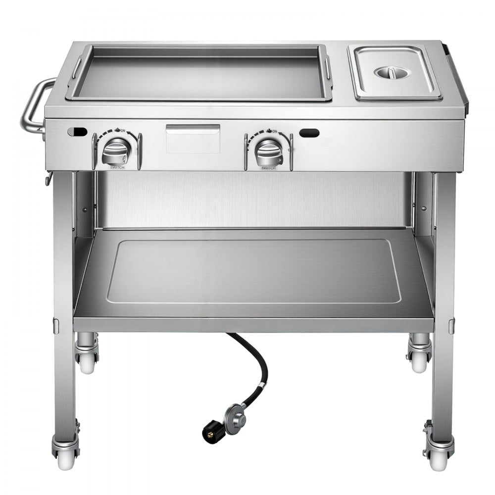 VEVOR Outdoor Propane Griddle, 2 Burners (11,600 BTU Each), Commercial Stainless Steel Gas Griddle Cart with 4 Lockable Wheels, 1/3 Food Pan, Easy-Grip Side Handle, Ideal for Hot Dogs, Burgers & Meats