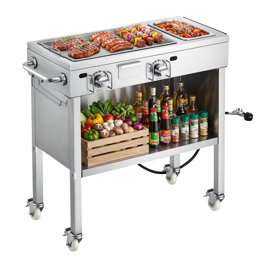 VEVOR Outdoor Propane Griddle, 2 Burners (11,600 BTU Each), Commercial Stainless Steel Gas Griddle Cart with 4 Lockable Wheels, 1/3 Food Pan, Easy-Grip Side Handle, Ideal for Hot Dogs, Burgers & Meats