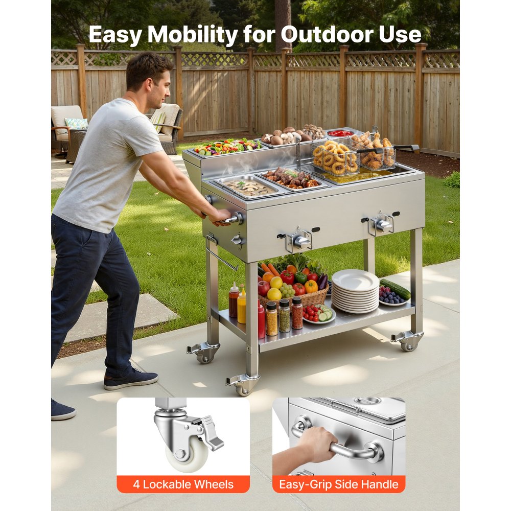 VEVOR Outdoor Propane Deep Fryer, 2 Burners (11,600 BTU Each), Commercial Fryer with Two 1/3 Size Food Warming Pans, Multi-Purpose Frying Cart with 4 Lockable Wheels, for Fried Chicken & Fries