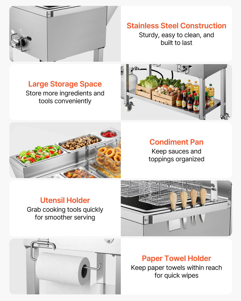 VEVOR Outdoor Propane Deep Fryer, 2 Burners (11,600 BTU Each), Commercial Fryer with Two 1/3 Size Food Warming Pans, Multi-Purpose Frying Cart with 4 Lockable Wheels, for Fried Chicken & Fries
