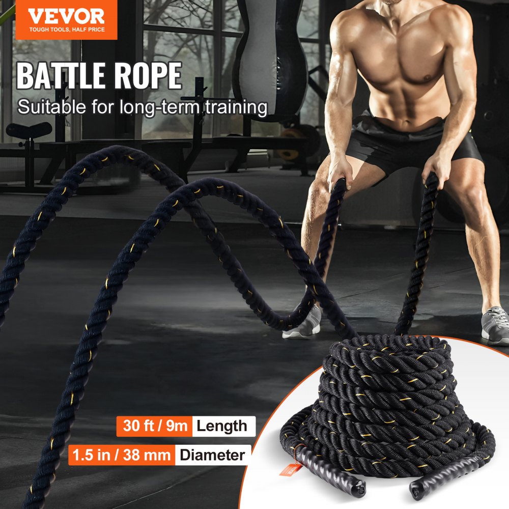VEVOR Battle Rope, 1.5 Inch Diameter 30Ft Length Polyester Exercise Rope, Battle Exercise Equipment, Heavy Weighted Rope for Home Gym Body Workout Core Strength Training Muscle Building Fitness