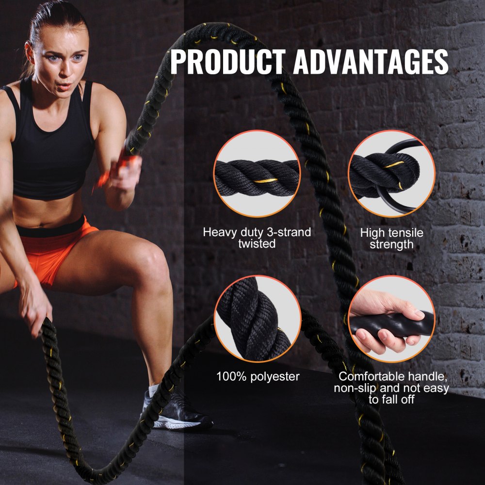 VEVOR Battle Rope, 1.5 Inch Diameter 30Ft Length Polyester Exercise Rope, Battle Exercise Equipment, Heavy Weighted Rope for Home Gym Body Workout Core Strength Training Muscle Building Fitness