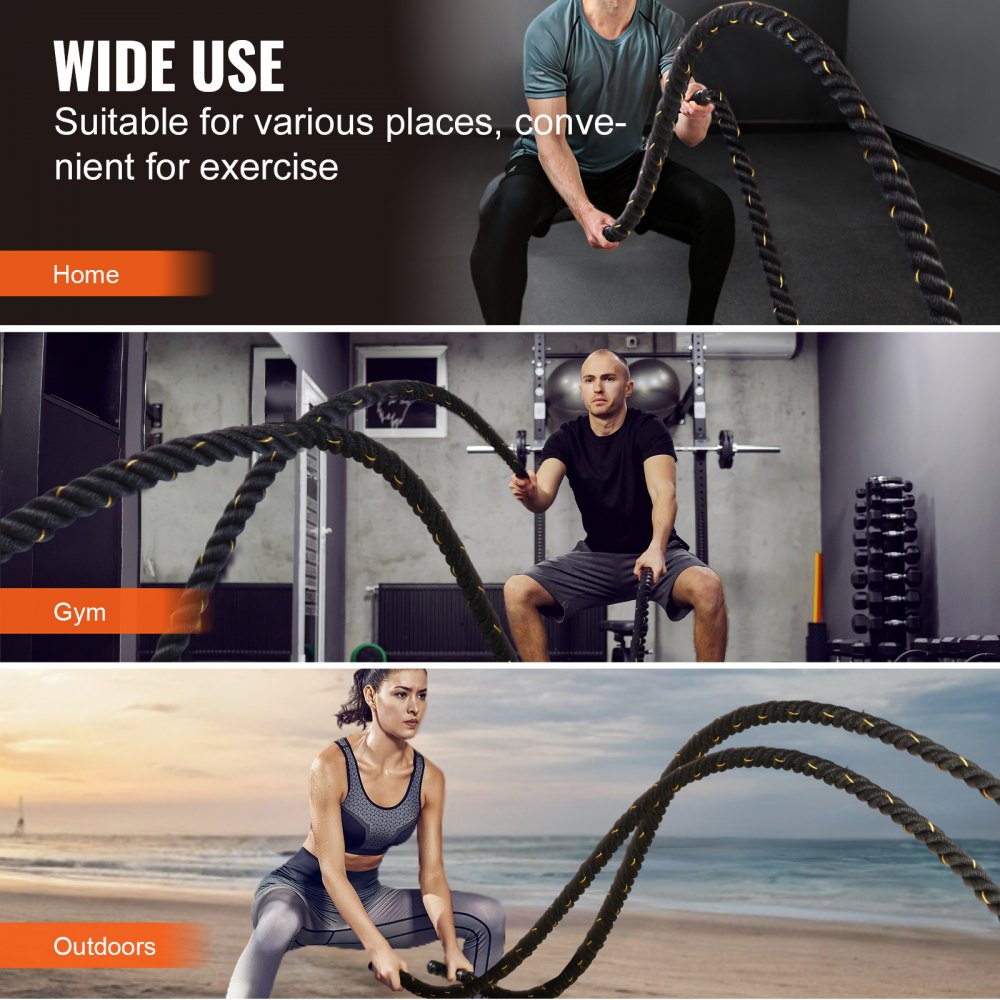 VEVOR Battle Rope, 1.5 Inch Diameter 30Ft Length Polyester Exercise Rope, Battle Exercise Equipment, Heavy Weighted Rope for Home Gym Body Workout Core Strength Training Muscle Building Fitness