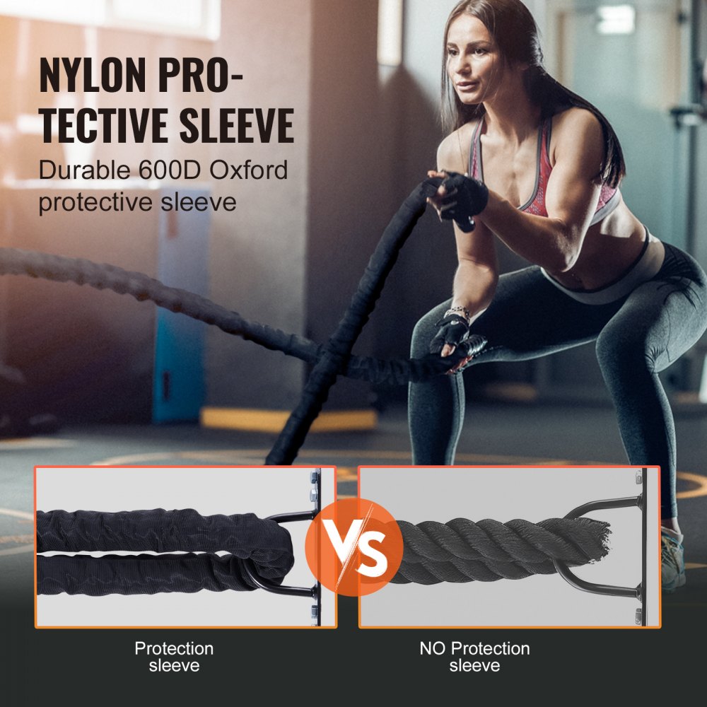 VEVOR Battle Rope, 1.5 Inch Diameter 30Ft Length Polyester Exercise Rope, Battle Exercise Equipment with Protective Sleeve & Anchor, Heavy Weighted Rope for Home Gym Workout Core Strength Training