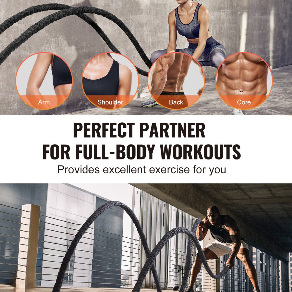VEVOR Battle Rope, 1.5 Inch Diameter 30Ft Length Polyester Exercise Rope, Battle Exercise Equipment with Protective Sleeve & Anchor, Heavy Weighted Rope for Home Gym Workout Core Strength Training