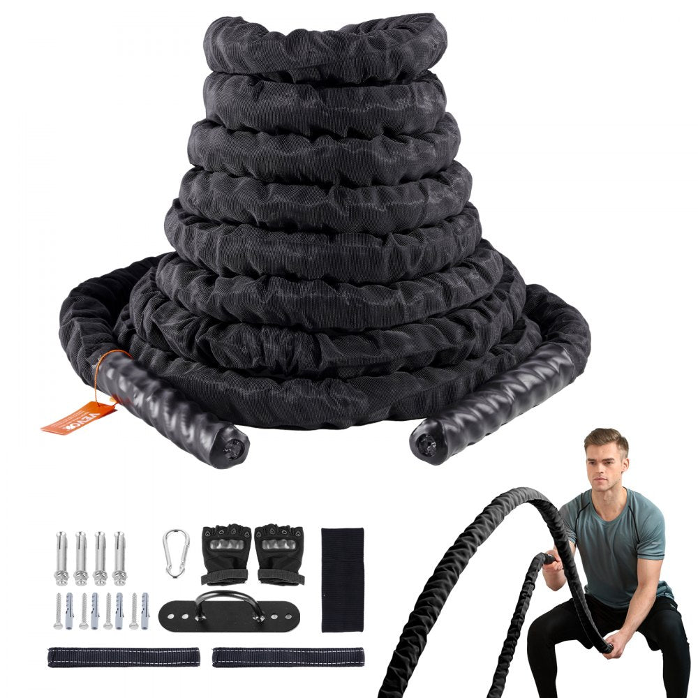 VEVOR Battle Rope, 1.5 Inch Diameter 30Ft Length Polyester Exercise Rope, Battle Exercise Equipment with Protective Sleeve & Anchor, Heavy Weighted Rope for Home Gym Workout Core Strength Training