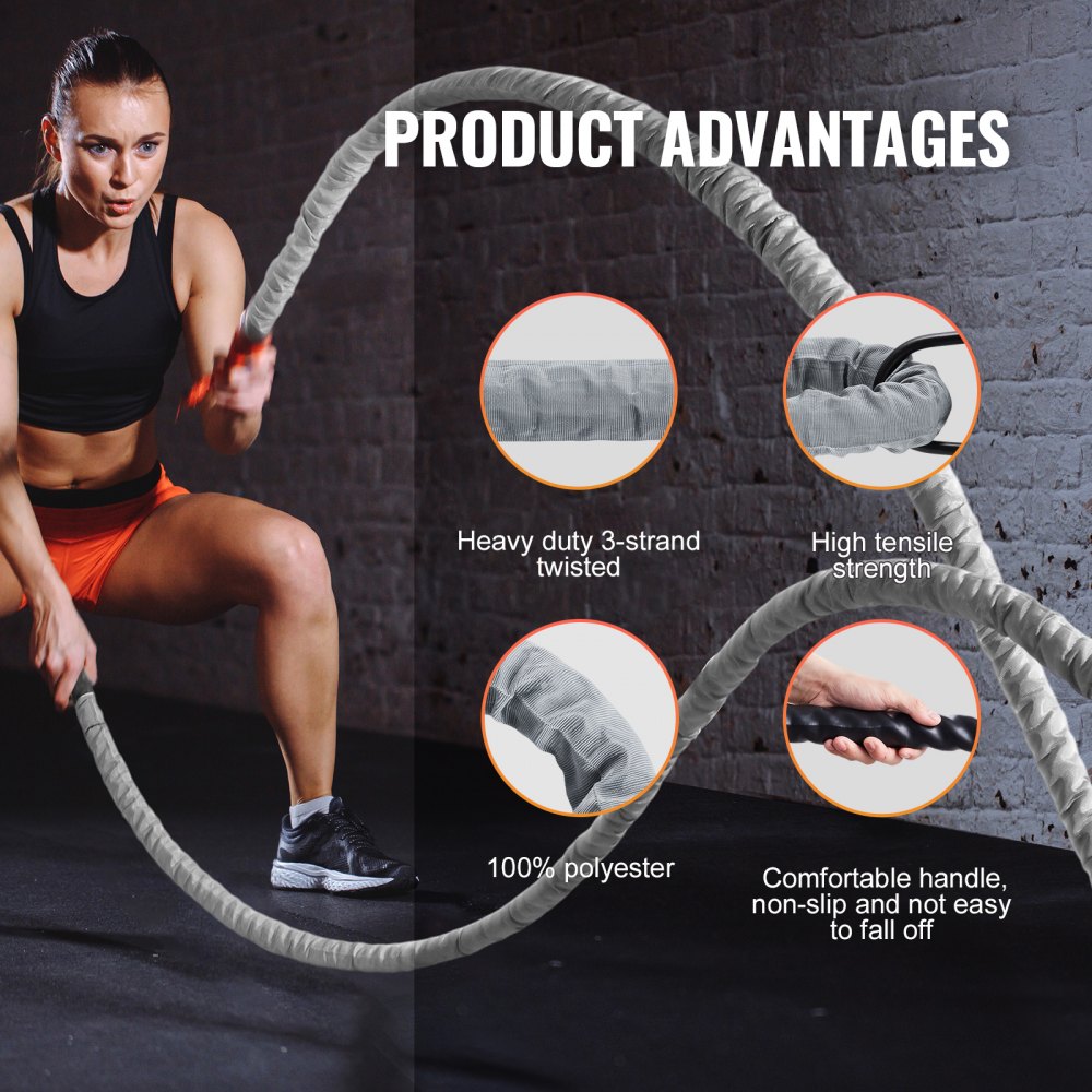 VEVOR Battle Rope, 1.5 Inch Diameter 30Ft Length Polyester Exercise Rope, Battle Exercise Equipment with Protect Sleeve & Anchor, Heavy Weighted Rope for Home Gym Workout Core Strength Training, Gray