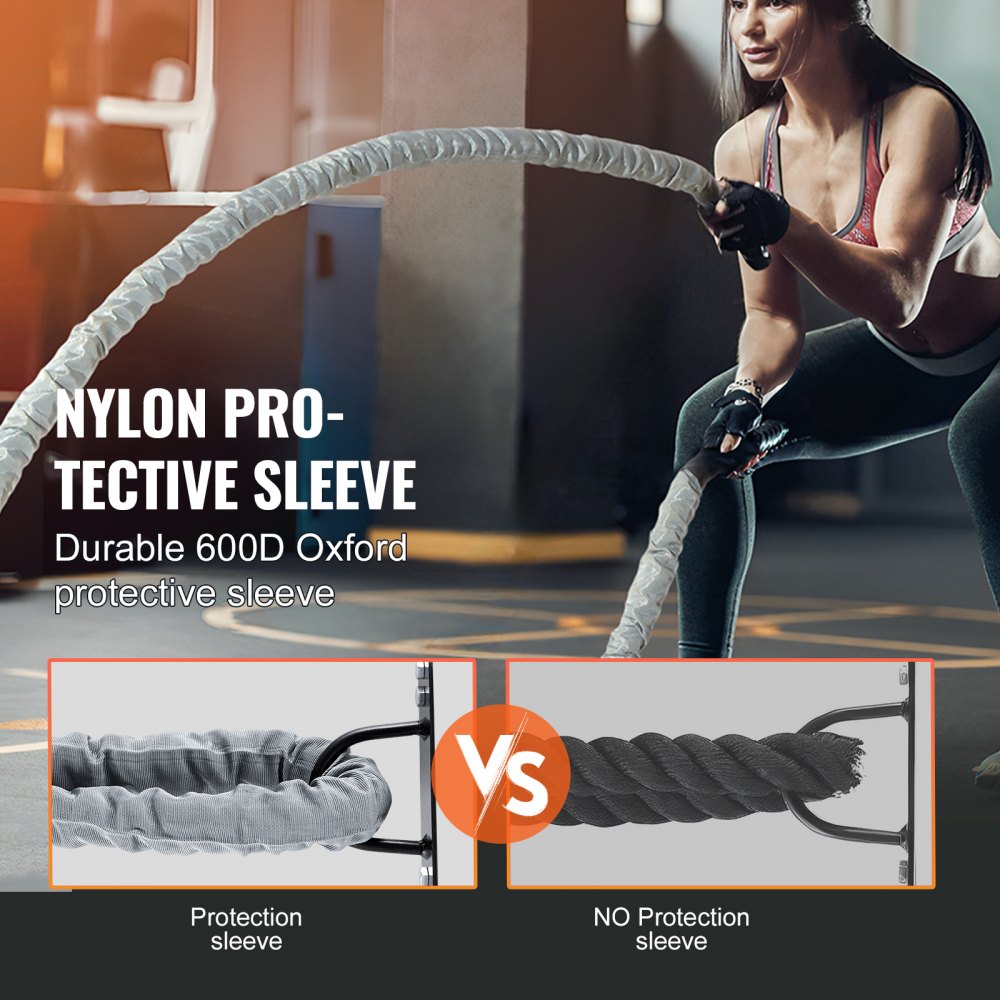 VEVOR Battle Rope, 1.5 Inch Diameter 30Ft Length Polyester Exercise Rope, Battle Exercise Equipment with Protect Sleeve & Anchor, Heavy Weighted Rope for Home Gym Workout Core Strength Training, Gray