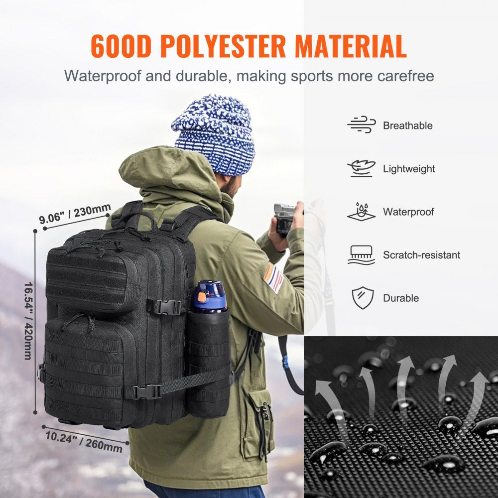 Tactical Backpack, 25L Military Tactical Backpack with Molle Design & 3 Compartments, Army Assault Pack Bag for Men and Women, Range Gear Backpack for Outdoor Adventure, Hiking, Hunting, Black