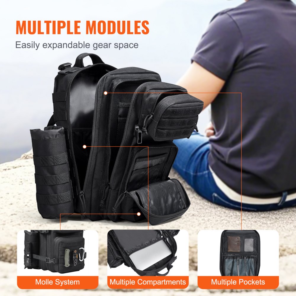Tactical Backpack, 25L Military Tactical Backpack with Molle Design & 3 Compartments, Army Assault Pack Bag for Men and Women, Range Gear Backpack for Outdoor Adventure, Hiking, Hunting, Black