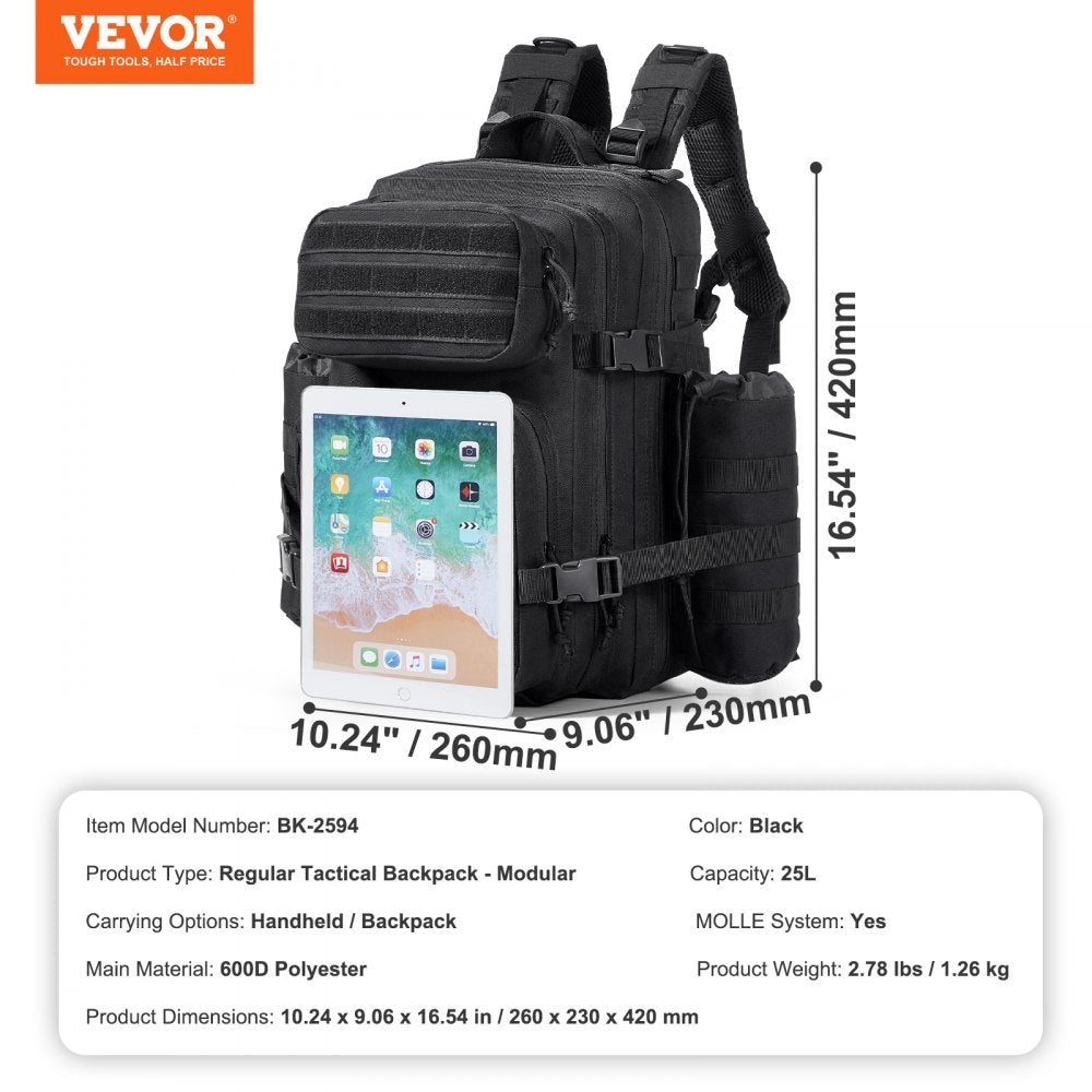 Tactical Backpack, 25L Military Tactical Backpack with Molle Design & 3 Compartments, Army Assault Pack Bag for Men and Women, Range Gear Backpack for Outdoor Adventure, Hiking, Hunting, Black