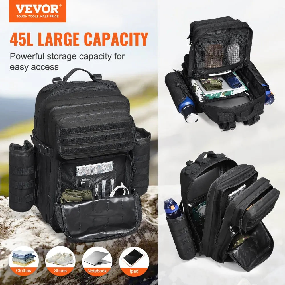Tactical Backpack, 45L Military Tactical Backpack with Molle Design & 3 Compartments, Army Assault Pack Bag for Men and Women, Range Gear Backpack for Outdoor Adventure, Hiking, Hunting, Black