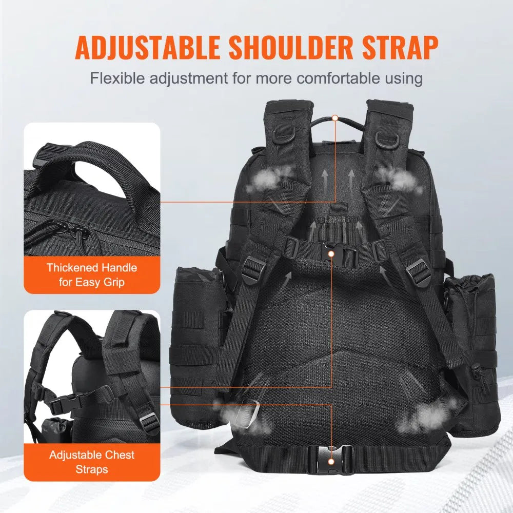 Tactical Backpack, 45L Military Tactical Backpack with Molle Design & 3 Compartments, Army Assault Pack Bag for Men and Women, Range Gear Backpack for Outdoor Adventure, Hiking, Hunting, Black