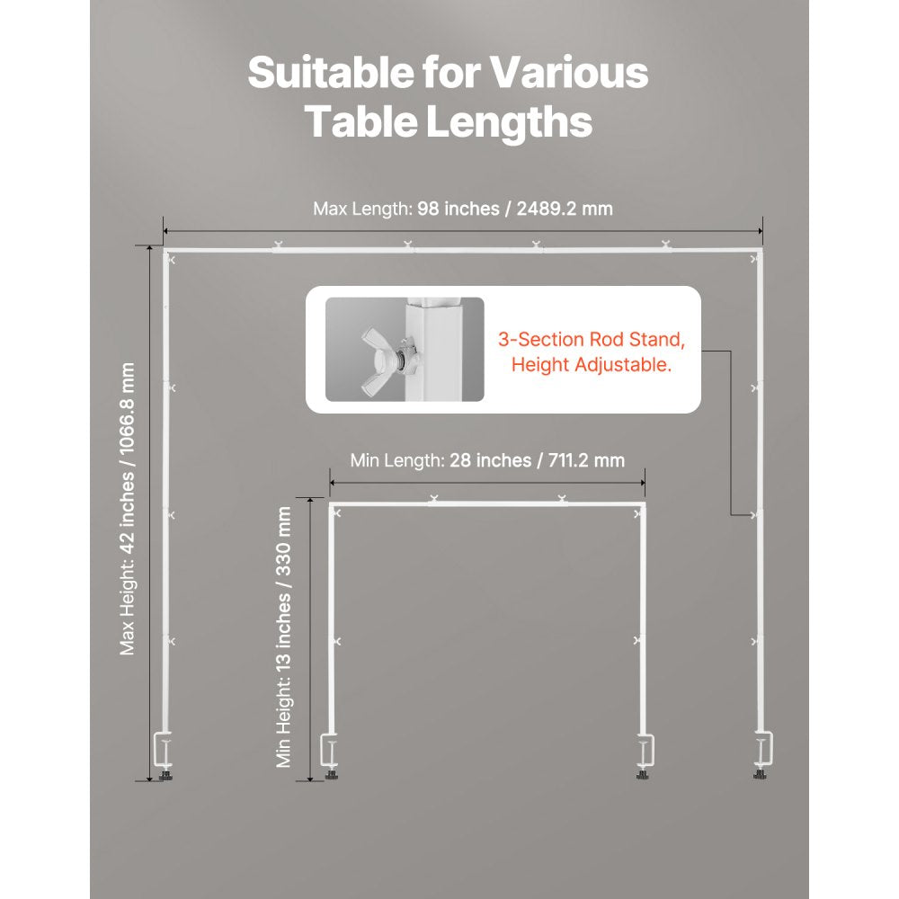 VEVOR Over The Table Rod Stand with Clamps, 13"-42'' Tall & 28"-98" Length Adjustable, Metal Table Arch Stand, Tabletop Balloon Arch Frame for Wedding Birthday Party Christmas Decorations, White