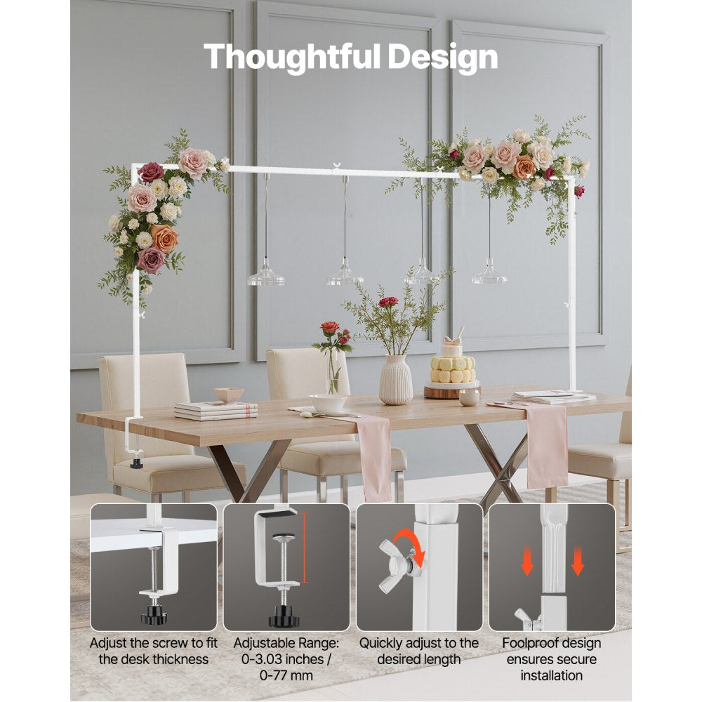 VEVOR Over The Table Rod Stand with Clamps, 13"-42'' Tall & 28"-98" Length Adjustable, Metal Table Arch Stand, Tabletop Balloon Arch Frame for Wedding Birthday Party Christmas Decorations, White
