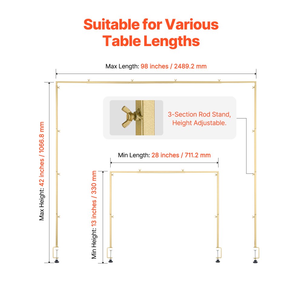 VEVOR Over The Table Rod Stand with Clamps, 13"-42" Tall & 28"-98" Length Adjustable, Metal Table Arch Stand, Tabletop Balloon Arch Frame for Wedding Birthday Party Christmas Decorations, Gold