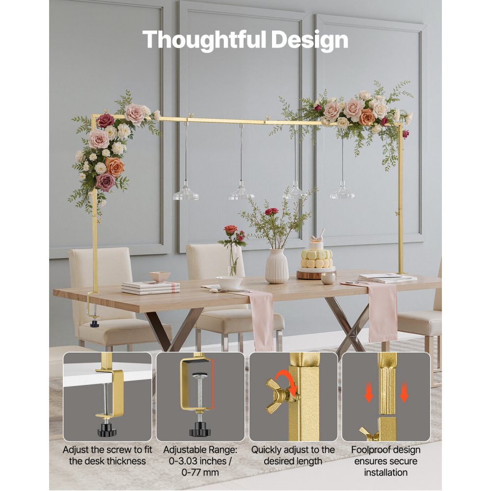 VEVOR Over The Table Rod Stand with Clamps, 13"-42" Tall & 28"-98" Length Adjustable, Metal Table Arch Stand, Tabletop Balloon Arch Frame for Wedding Birthday Party Christmas Decorations, Gold