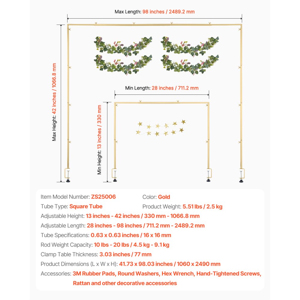 VEVOR Over The Table Rod Stand with Clamps, 13"-42" Tall & 28"-98" Length Adjustable, Metal Table Arch Stand with Rattan, Tabletop Balloon Arch Frame for Wedding Birthday Christmas Decorations, Gold