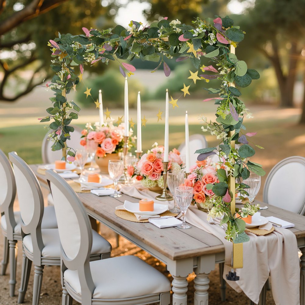 VEVOR Over The Table Rod Stand with Clamps, 13"-42" Tall & 28"-98" Length Adjustable, Metal Table Arch Stand with Rattan, Tabletop Balloon Arch Frame for Wedding Birthday Christmas Decorations, Gold